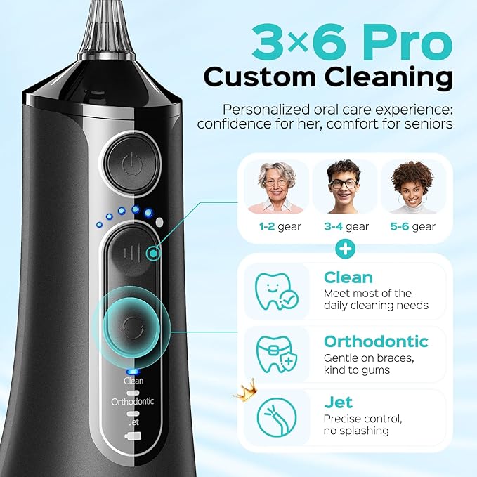 COSLUS Portable Water Flosser for Teeth: 3 Modes & 6 Pressure Settings with Jet Mode Water Dental Pick for Orthodontic, Braces, Sensitive Gums, Compact for Travel, 300ML for Multiple Users, Black C51