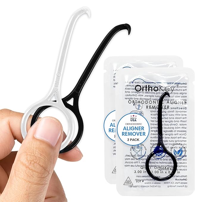 OrthoKey Clear Aligner Removal Tool | Invisible Removable Braces, Denture, Brackets, Retainer Remover Key | Personal Orthodontic Supplies, Dental-Grade for Cleaning & Travel | (2-Pack) Black & White