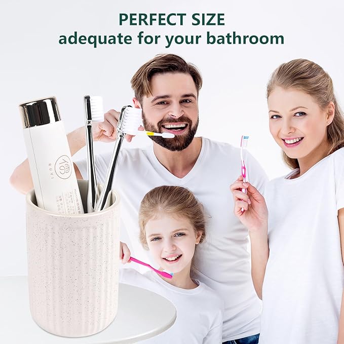 BosilunLife Ceramic Toothbrush Holder - 12oz Bathroom Toothbrush Holder Beige Tooth Brush Holders Tumbler Cups Reusable Toothbrush Mouthwash Cup Small Toothbrush and Toothpaste Holder