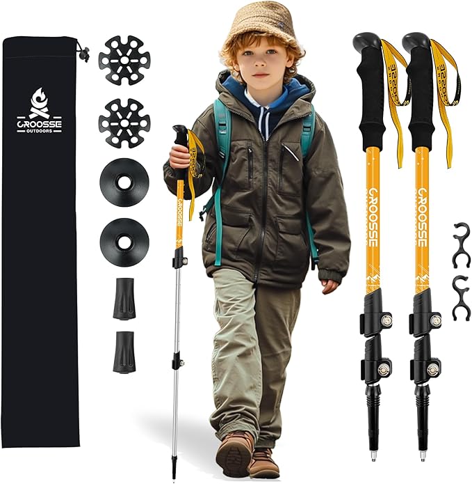 Lightweight Collapsible Kids Hiking Poles - Retractable Kids Hiking Stick, Telescoping Aluminum Trekking Poles 2 Pack, Adjustable Kids Ski Poles by Croosse-StrideForce Fitness