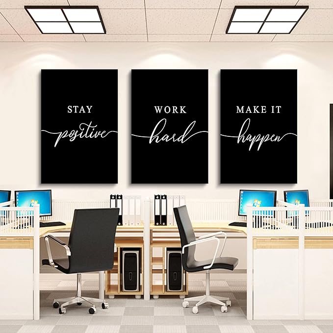 Work Hard Canvas Wall Art - Success Quote, Office Decor - Black Large Poster, Positive Motivational Set of 3 Prints (16x24in x 3pcs)-StrideForce Fitness