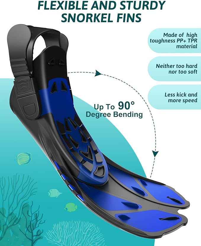 Mask Fins Snorkeling Gear for Adults, Full Face Snorkel Mask & Adjustable Swim Fins Snorkel Set, Panoramic View Snorkel Mask Dry Top Anti-Fog Anti-Leak-StrideForce Fitness