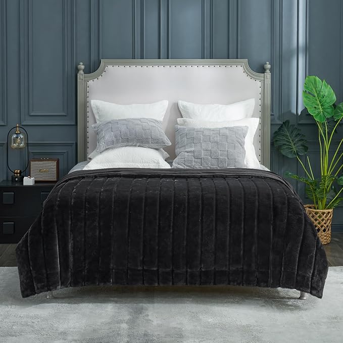 Cozy Bliss Faux Fur Throw Blanket for Couch, Cozy Warm Plush Striped Blanket for Sofa Bedroom Living Room, 90 * 90 Inches Black-StrideForce Fitness
