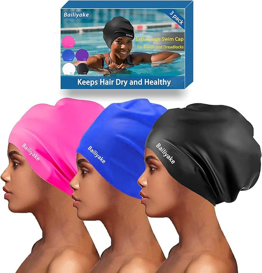 3 Pack Extra Large Swim Cap for Braids & Dreadlocks - Waterproof Silicone Swim Hat for Women with Long Thick Hair, Protective Swim Cap Cover Ears for Swimming, Shower, Bathing-StrideForce Fitness