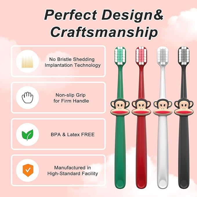 Paul Frank Soft Toothbrush for Adults - High Density Manual Toothbrushes with Dual-Color Tapered Bristles, Gentle Daily Care for Sensitive Teeth and Gums (1 Count (Pack of 6) Style 2)