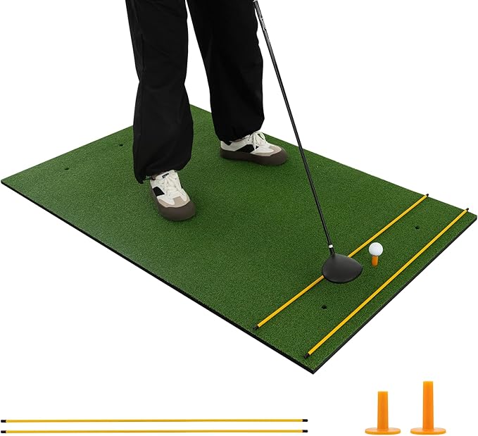 Tangkula Golf Hitting Mat, Artificial Turf Mat for Indoor/Outdoor Golf Practice Includes 2 Rubber Tees & 2 Alignment Sticks, Golf Training Mat for Home Backyard Garage-StrideForce Fitness