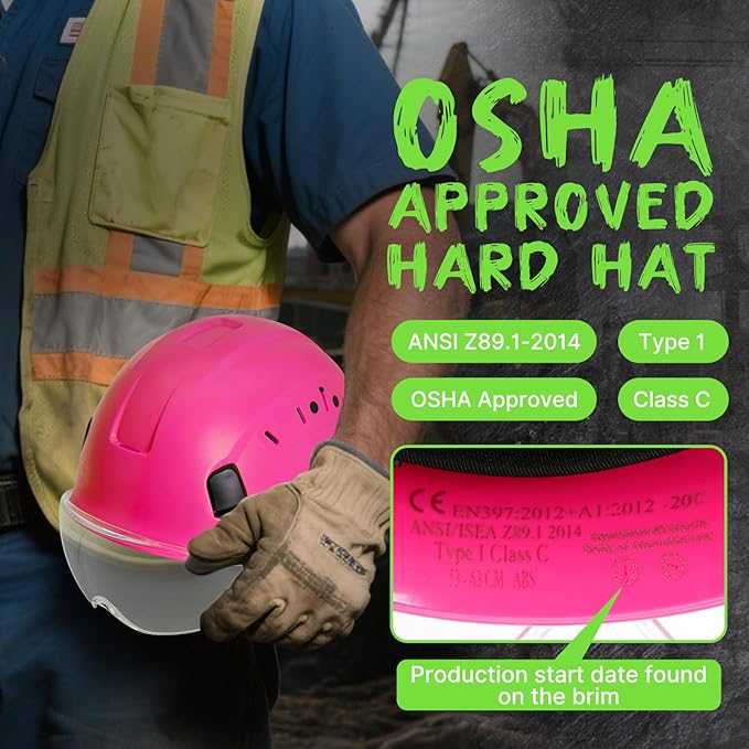Aolamegs Pink Hard Hats for Women OSHA Approved - ANSI Z89.1 Construction Safety Hard Hat with Clear Visor, Adjustable Vented Cascos De Construccion Work Hardhats, 6 Point Ratcheting Hardhat-StrideForce Fitness