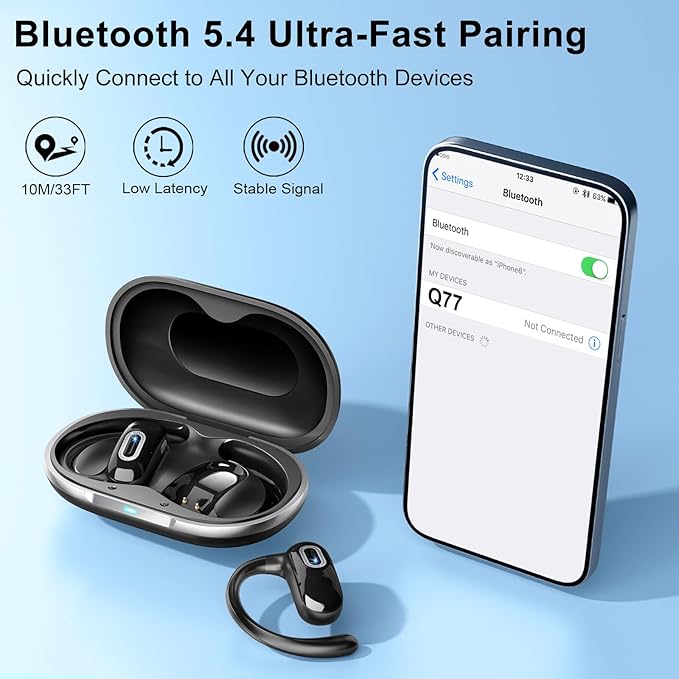 Open Ear Headphones, Bluetooth 5.4 Wireless Earbuds, 50H, Air Conduction Ear buds, HD Stereo Bass Over Ear Earphones with Earhooks, Ultra-Comfort Secure Fit, IPX7 Waterproof Headset for Working Sports-StrideForce Fitness