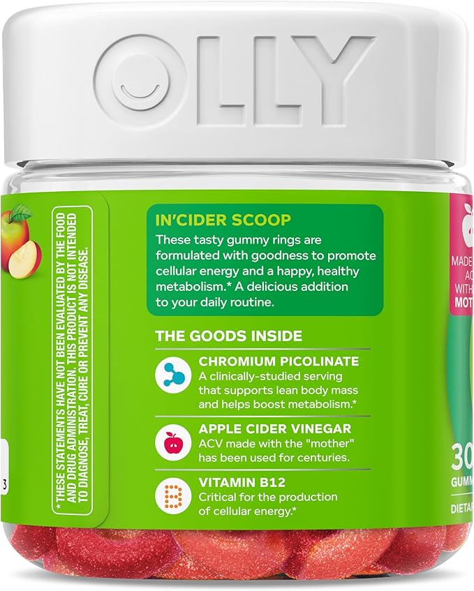 OLLY Metabolism Gummy Rings, Apple Cider Vinegar, Vitamin B12, Chromium, Energy and Digestive Health, Chewable Supplement, Apple Flavor - 30 Count-StrideForce Fitness