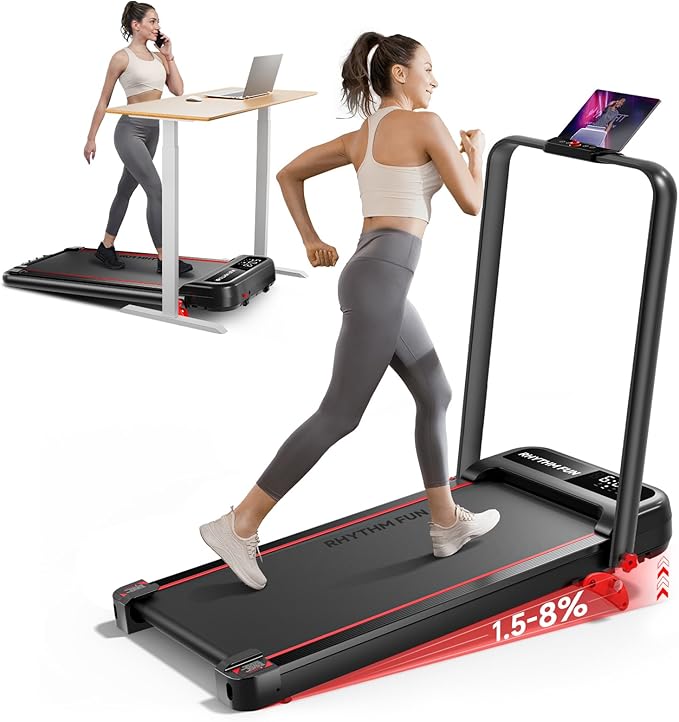 RHYTHM FUN Incline Foldable Treadmill, Walking Pad Treadmill with Incline, 300 lbs Portable Treadmills with Handles for Home Office Use, Under Desk Compact Walking Pad-StrideForce Fitness