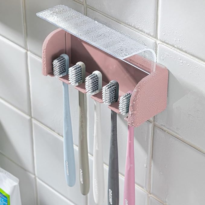Toothbrush Holders for Bathrooms,Kids Toothbrush Holders with Cover,5 Slots Electric Tooth Brush Holder Wall Mounted Toothbrush Organizer,Shower Restroom Bathroom Accessories (Pink)