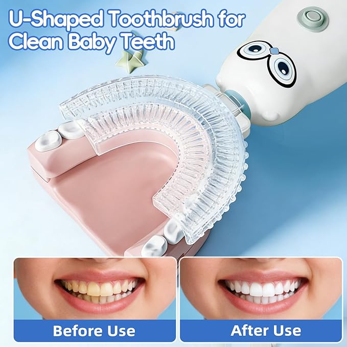 Kids Electric Toothbrush，360-Degree Sonic Vibration, IPX7 Waterproof,Toddler U Shaped Toothbrush with 2 Soft Brush Head,Cute Owl Design Baby Toothbrush for Ages 8–13（Blue）