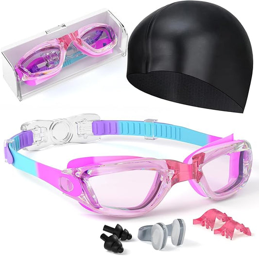 Kids Swim Goggles, Swimming Goggles for Kids Toddlers 3-14 with Swim Cap, Nose Clip, Nose Bridge, Ear Plugs-StrideForce Fitness