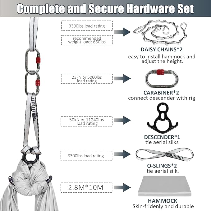 Aerial Silks Kit & Aerial Yoga Hammock - 11Yd Premium Fabric Hardware - Easy Setup for Flying Yoga, Aerial Swing & Fitness - Supports Up to 14ft Rigging-StrideForce Fitness