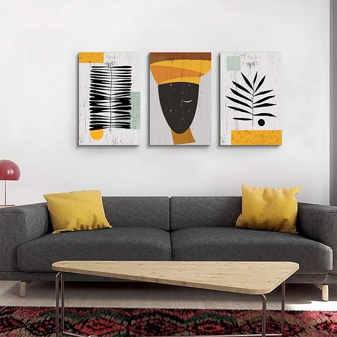 Framed Canvas Wall Art African Ethno Motive Wall Art Set, Abstract Ethno Art, African American Woman Portrait, Black Orange Print, Contemporary Collage, Minimalist (A-3pcs,16x24inchx3pcs)-StrideForce Fitness