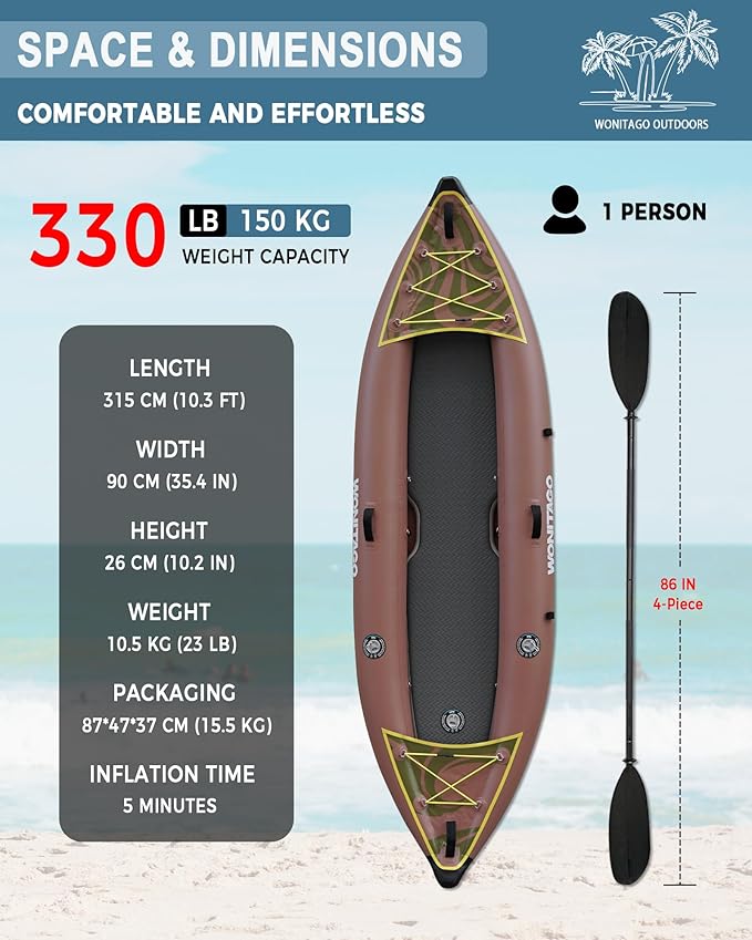 PVC Inflatable Kayak with Drop Stitch Floor, Recreational Touring Kayak with Kayak Paddle, Hand Pump and Carrying Bag, 1-2 Person-StrideForce Fitness