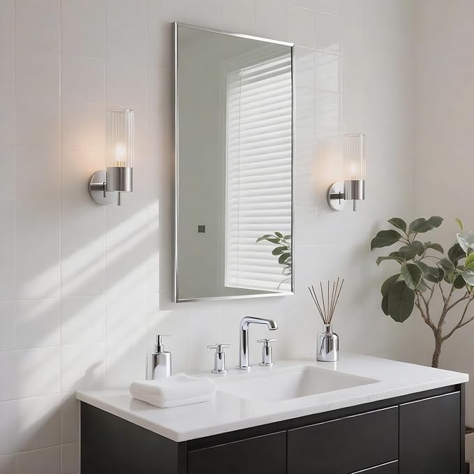 20x36 Inch Nickel Bathroom Mirror for Wall, Aluminum Frame Rectangle Rectangular Vanity Mirror, Modern Large for Bedroom, Living Room, Horizontal or Vertical-StrideForce Fitness