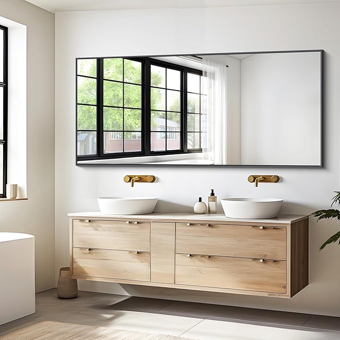 Black Bathroom Mirror for Wall, 72x30 Inch Rectangle Mirrors with Metal Frame, Modern Vanity Wall Mirror Decor for Entryway Hangs, Bathroom Living Room Horizontal or Vertical-StrideForce Fitness