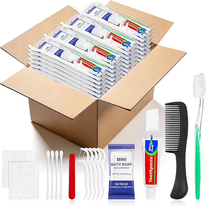 Xuezoioy 50 Sets Personal Hygiene Kit Bulk,9-IN-1 Green Disposable Toothbrushes with Toothpaste Floss Comb Soap Cover and Hotel Vanity Set Basic Travel Toiletry Supplies for Homeless,Travel,Guests