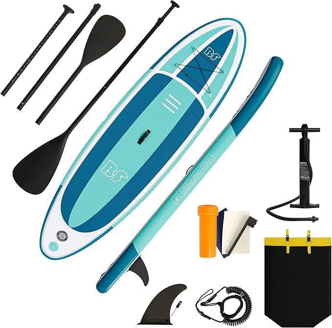 Inflatable Stand Up Paddle Board with SUP Accessories & Backpack. Paddle Boards for Adults. Non-Slip Deck, Wide Stance, Bottom Fin, Double Action Pump.-StrideForce Fitness
