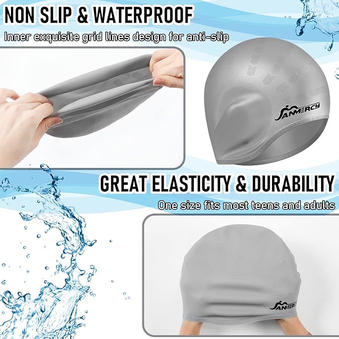 Janmercy 3 Pcs Swim Caps for Boys Girls Silicone Swimming Hat with 3D Ear Pockets for Age 6-15 Bath Hats Short/Long Hair with Ear Plug Nose Clip Supplies-StrideForce Fitness