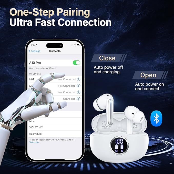 A10 Pro Wireless Earbuds, Bluetooth 5.3 Headphones HiFi Stereo 50H Playback LED Digital Display Ear Buds with ENC Noise Canceling Headset, IPX7 Waterproof Earphones for Gym/Running/Work-StrideForce Fitness