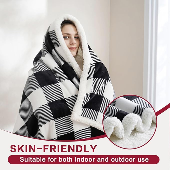 PU MEI Sherpa Fleece Throw Blanket 60" x 80" Reversible Plush Fluffy Large Big Blanket Lattice Flannel Blankets for All Season Use, Black and White-StrideForce Fitness