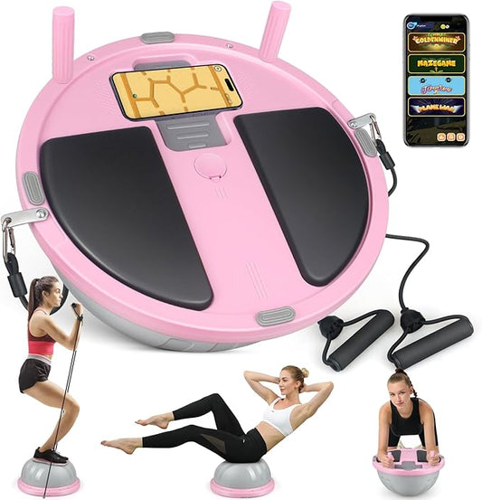 2-in-1 Balance Ball & Plank Board Trainer with App & 4 Interactive Games, Half Exercise Ball for Pilates & Yoga, Core Strength Training, Home Gym Workout, with 2 Resistance Bands & Pump-StrideForce Fitness