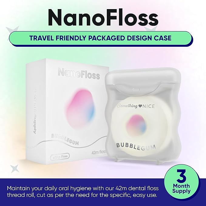 Something Nice NanoFloss Threader for Teeth, Vegan Dental Floss Thread, nHAP1000D Polyester Fiber Waxed with Nano Hydroxyapatite for Enamel Care Kid Friendly, Bubblegum Flavored, 42M