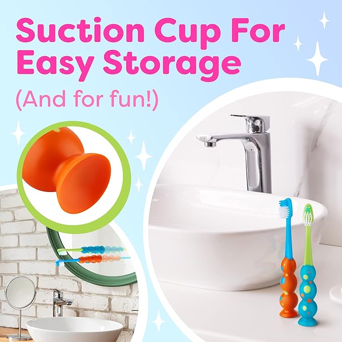 Trueocity Kids Toothbrush 4 Pack - Soft Contoured Bristles - Child Sized Brush Heads (3-10 Year Old) - Suction Cup for Fun & Easy Storage - Girl & Boy Set (Blue & Orange)