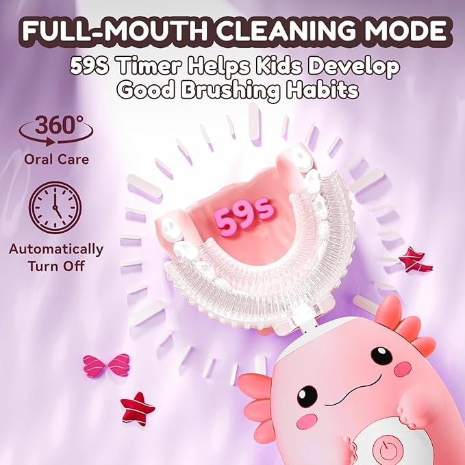 Kids Electric U Shaped Toothbrush - Axolotl Kids Sonic Toothbrush with 6 Brush Head Automatic Rechargeable 6 Cleaning Modes Full Mouth Cleaning-Pink
