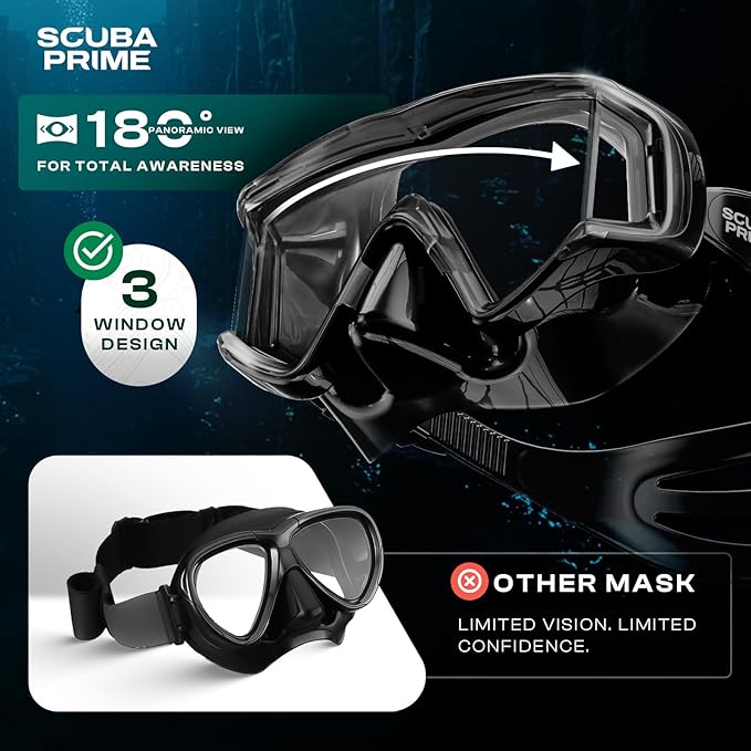 Pano 3 Scuba Diving Mask, Tempered Glass Snorkel Mask Three-Window Scuba Mask No-Leak Dive Mask Silicone Skirt Diving Mask for Snorkeling and Scuba Use-StrideForce Fitness