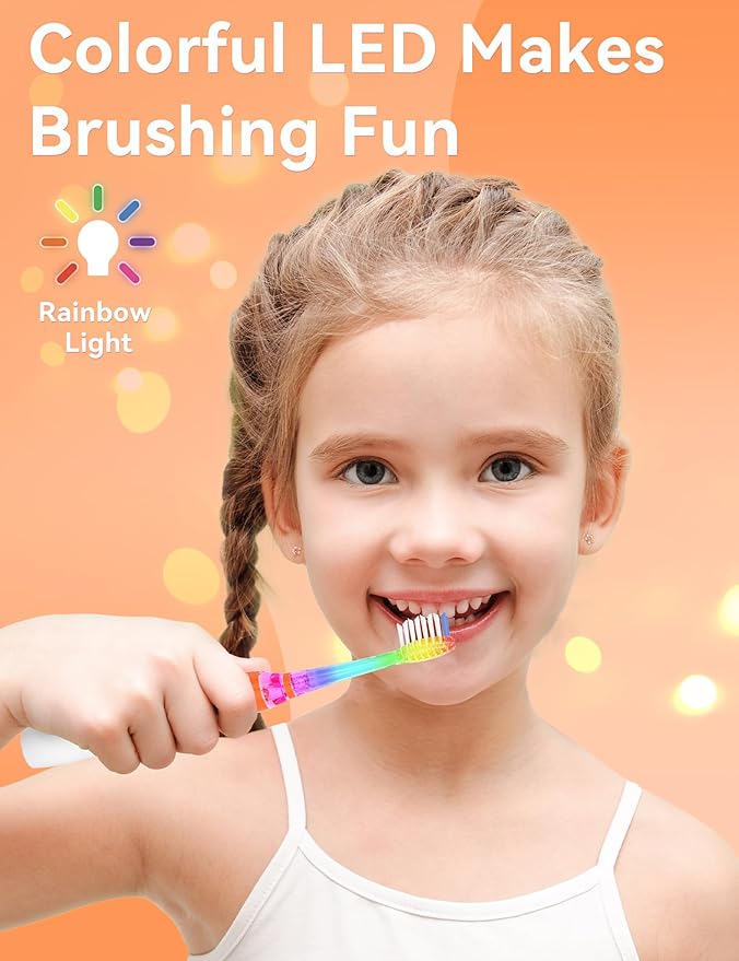 SEAGO Kids Electric Toothbrush with 2 Mins Brushing Timer and 4 Replacement Bursh Heads, Rainbow LED Light Make Brushing Fun, Boys Battery Powerd Toothbrush for 4-12 Years Old，SG-977(Orange)