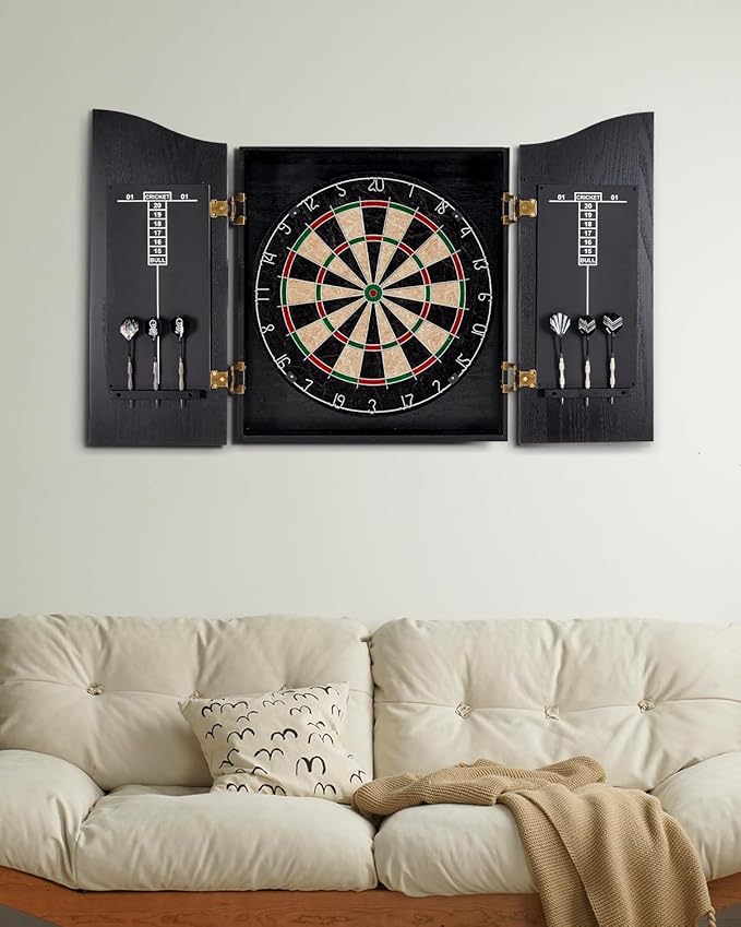 Sisal Dart Board Cabinet Sets, Decorative Dart Boards for Adults [6*Steel Darts] - Wooden Dartboard Cabinet with Integrated Scoreboard for Family Game Rooms-StrideForce Fitness