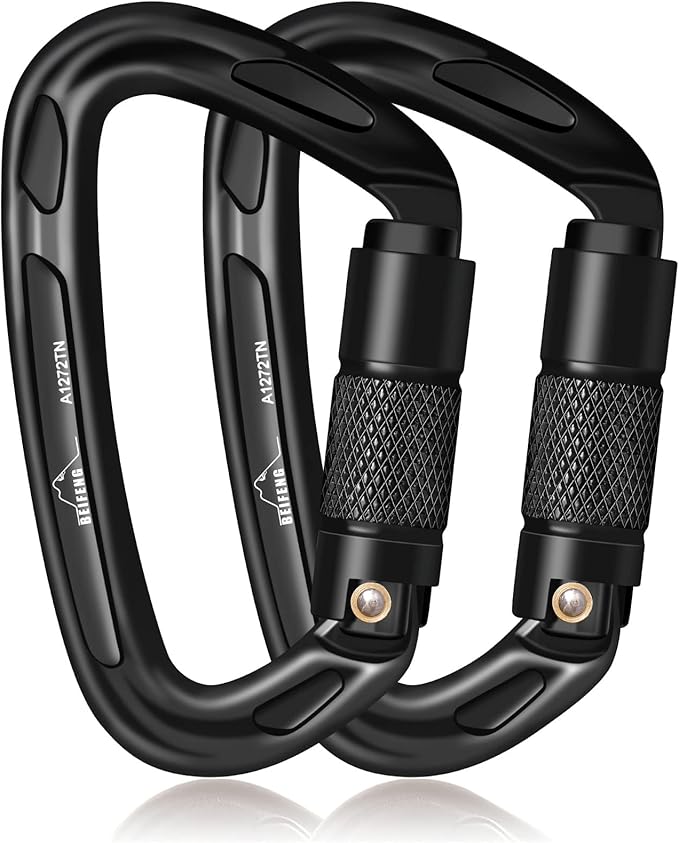 BEIFENG 25KN Auto Locking Carabiner - UIAA Certified Heavy Duty Climbing Carabiners for Rock Climbing, Camping, Rappelling, Hunting, Rescue Equipment - Professional Carabiner Clips (Black)-StrideForce Fitness
