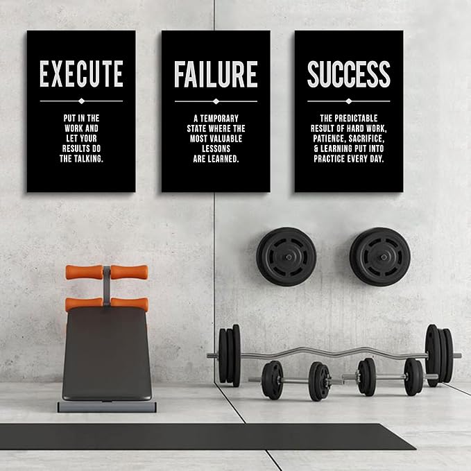 Framed Canvas Wall Art Success Quote, Office Wall Art, Black Large Poster, Positive Motivational Set of 3 Prints, Execute Failure Definition, Inspirational Print (A-3pcs,16x24inchx3pcs)-StrideForce Fitness