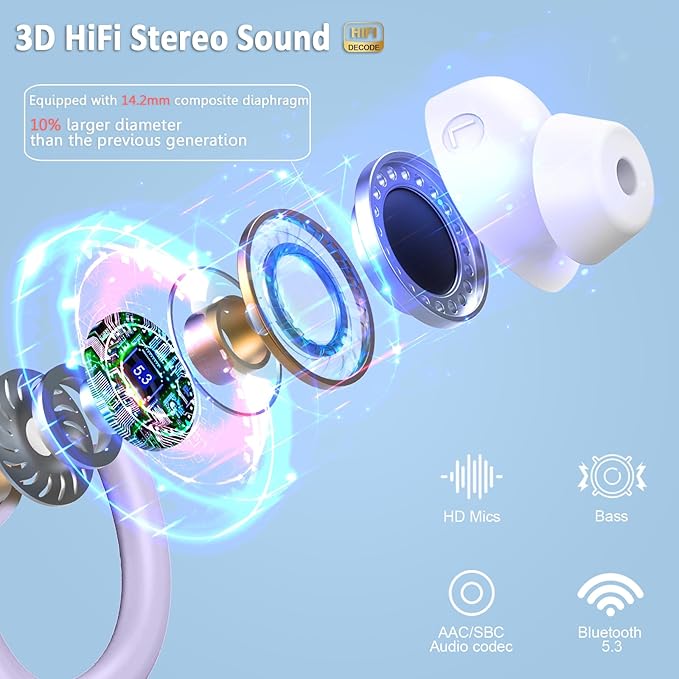 Wireless Earbud, Bluetooth 5.4 Headphones IP7 Waterproof for Sport, 48H Running Wireless Earphones with ENC Noise Cancelling Mic, Deep Bass Over Ear bud with Earhooks for Android, iOS, Workout, Purple-StrideForce Fitness