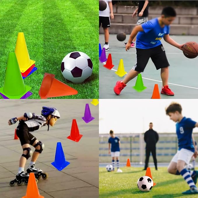 24 Pcs 7 Inch Plastic Traffic Cones, Basketball Football Drills, Skating, Sport Training Agility Markers, Indoor Outdoor Games, Multicolor-StrideForce Fitness