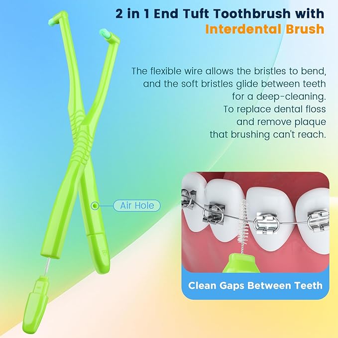 Fregum 2 in 1 End Tuft Toothbrush with Interdental Brush for Orthodontic, Braces, Implants, Retainers, Back Teeth, and Wisdom Teeth, Soft Bristles, 6 Pcs