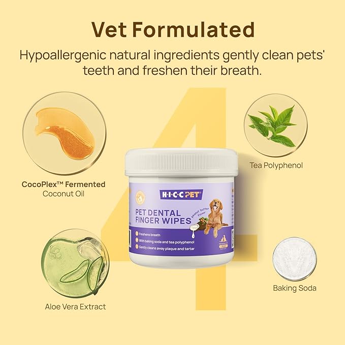 HICC Pet Teeth Cleaning Wipes for Dogs & Cats, Remove Bad Breath by Removing Plaque and Tartar Buildup No-Rinse Dog Finger Toothbrush, Disposable Gentle Cleaning & Gum Care Pet Wipes, 50 Counts