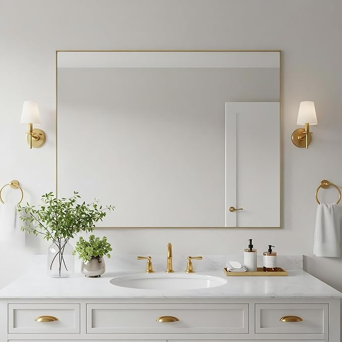 30x40 Inch Brass Bathroom Mirror for Wall, Aluminum Frame Rectangle Rectangular Vanity Mirror, Modern Large for Bedroom, Living Room, Horizontal or Vertical-StrideForce Fitness