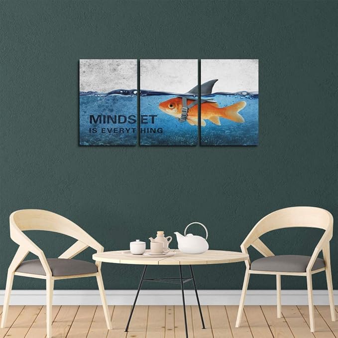 3 Panels Modern Framed Inspirational Canvas Wall Art Goldfish Body Strong Shark Heart Mindset is Everything Motivational Wooden Decor Posters for Office Gym Classroom Home Decoration(48''W x 24''H)-StrideForce Fitness