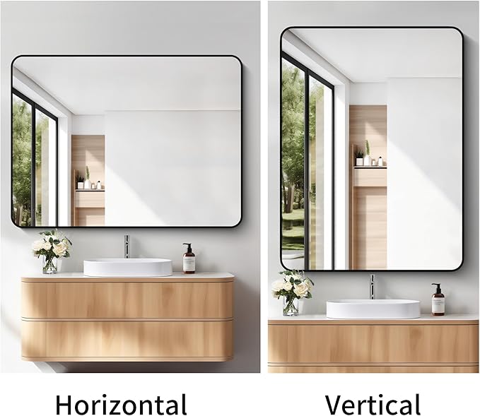 FORBATH Large Bathroom Mirror 48 x 36 Inches，Black Large Wall Mirror Aluminum Frame Wall Mounted Rounded Corner Morndern Mirror for Bathroom Bedroom Entryway Living Room-StrideForce Fitness