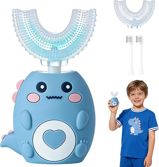 Kids Electric U Shaped Toothbrush, Sonic Automatic Toothbrush Kids with 4 Brush Heads, 3 Cleaning Modes, Cartoon Dinosaur IPX7 Waterproof 360º Round Toddler Electric Toothbrush(Blue, Ages 2-12)