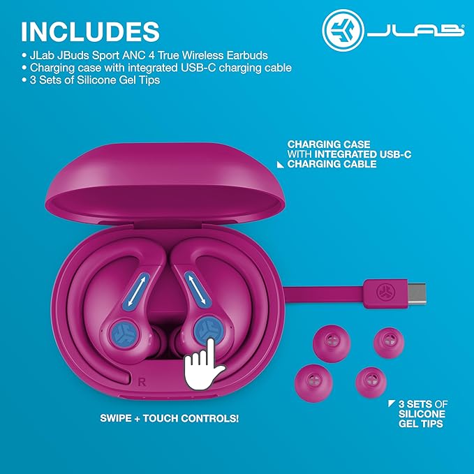 JLab JBuds Sport ANC 4 True Wireless Bluetooth Earbuds + Charging Case, Pink, Swipe + Touch Controls, Hybrid Active Noise Cancelation, Multipoint Connect, Customized Settings App-StrideForce Fitness
