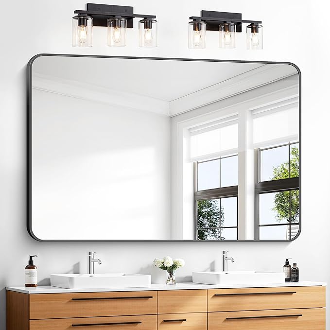 55x36 inch Bathroom Mirror,Black Rectangle Mirror,Wall Mounted Bathroom Frame Vanity Mirror with Round Corner for Bedroom Living Room, Entryway Hangs Horizontal or Vertical-StrideForce Fitness