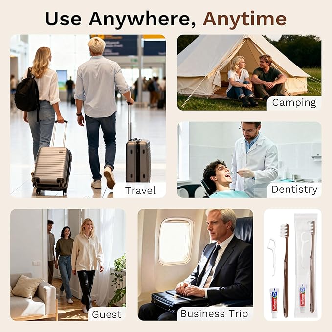 Disposable Toothbrushes with Toothpaste, Travel Toothbrush Kit, Individually Packaged, Brown, with Floss Picks, Suitable for Hotel, Home, Camping, Travel (50-Pack)