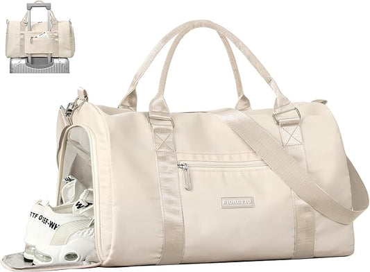 FIORETTO Womens Gym Tote Duffle Bag with Wet Pocket & Shoe Compartment, Sports Duffel Overnight Weekender Hospital Workout Carry on Bag for Girls, Ideal for Travel, Swimming, Dance, Ballet Beige-StrideForce Fitness