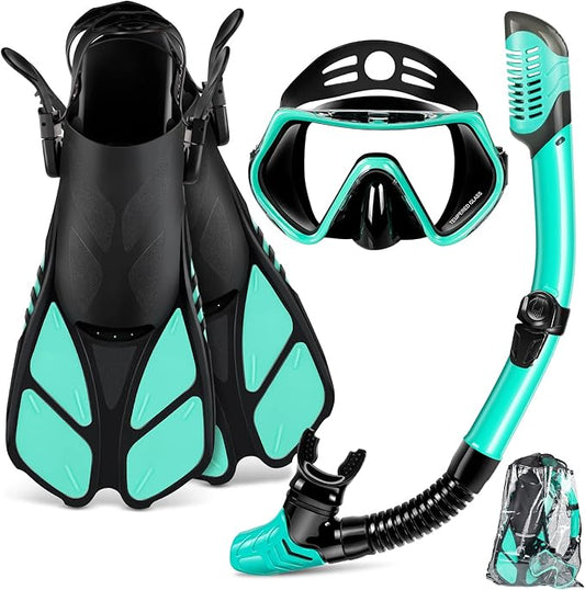 ZEEPORTE Mask Fin Snorkel Set, Travel Size Snorkeling Gear for Adults with Panoramic View Anti-Fog Mask, Trek Fins, Dry Top Snorkel and Gear Bag for Swimming Training, Snorkeling Kit Diving Packages-StrideForce Fitness