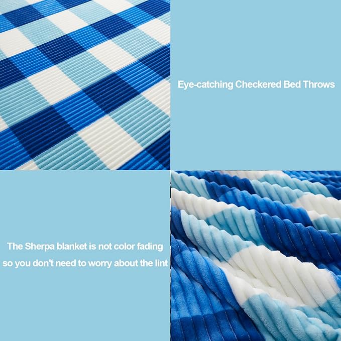 PU MEI Sherpa Blanket Twin Plaid Thick Bed Blanket, 60”*80” Super Soft Flannel Fuzzy Fleece Reversible Velvet Plush Warm Blanket for Couch (Blue Check, 60"*80")-StrideForce Fitness